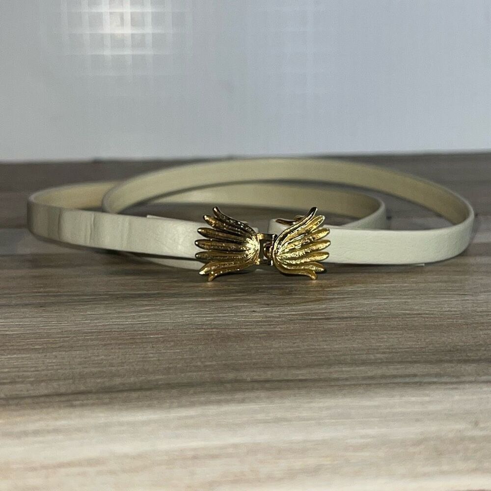 80s Vintage  Jeannie Bouchever Floral Belt Gold Metal Faux Leather Tan One Size